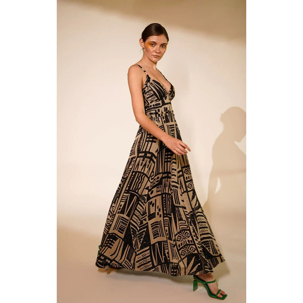 Nikita Mhaisalkar Black and White Abstract Print Dress (Set of 2)