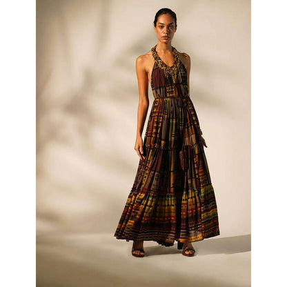 Nikita Mhaisalkar Multicolour Abstract Print Maxi with Hand Baroque in Metallic (Set of 2)