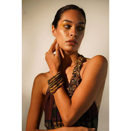 Nikita Mhaisalkar Multicolour Abstract Print Maxi with Hand Baroque in Metallic (Set of 2)