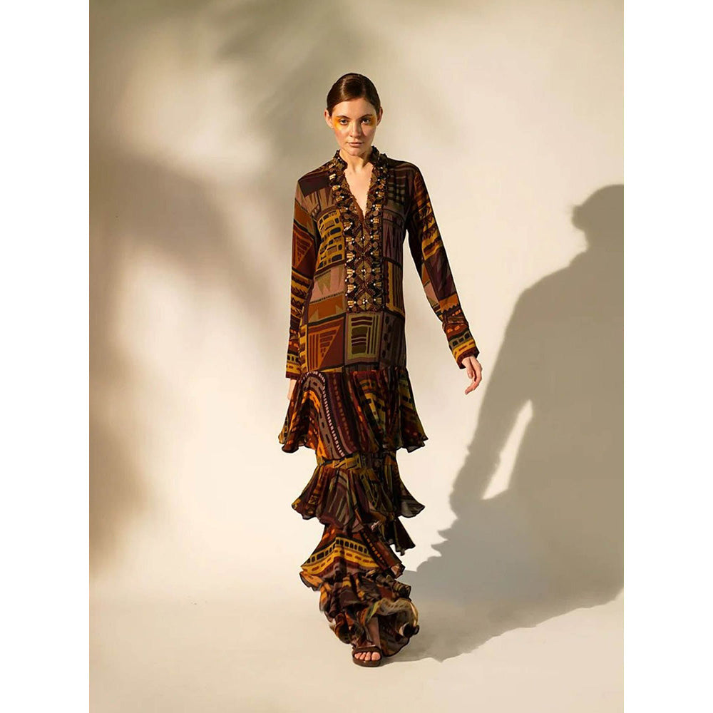 Nikita Mhaisalkar Multicolour Abstract Print Tiered Maxi with Hand Baroque in Metallic