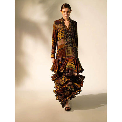 Nikita Mhaisalkar Multicolour Abstract Print Tiered Maxi with Hand Baroque in Metallic