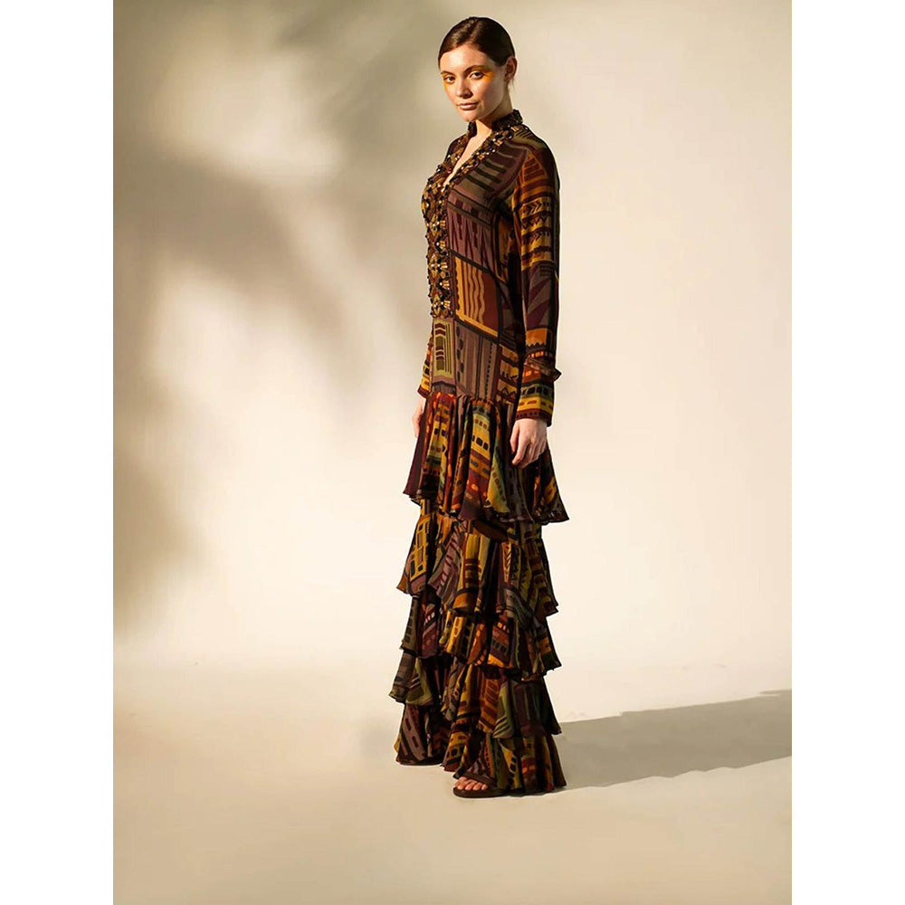 Nikita Mhaisalkar Multicolour Abstract Print Tiered Maxi with Hand Baroque in Metallic