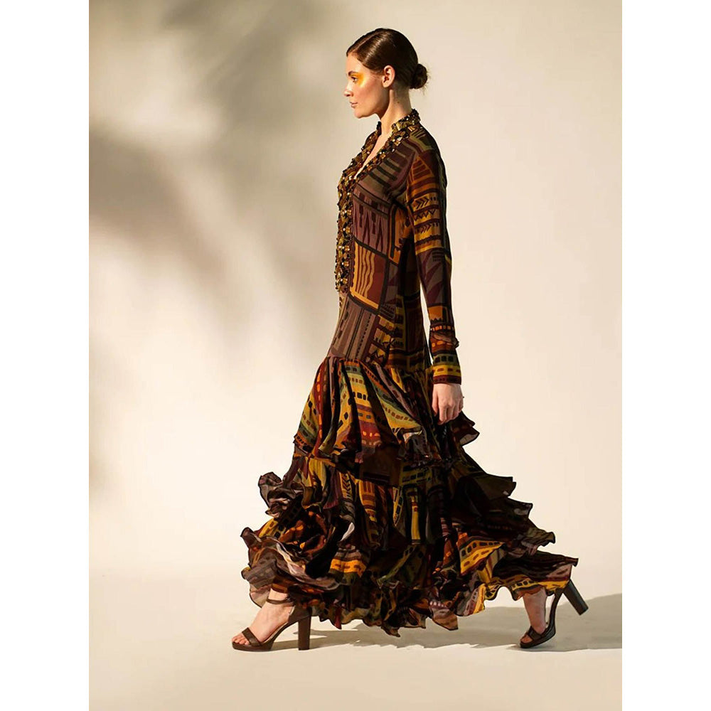 Nikita Mhaisalkar Multicolour Abstract Print Tiered Maxi with Hand Baroque in Metallic