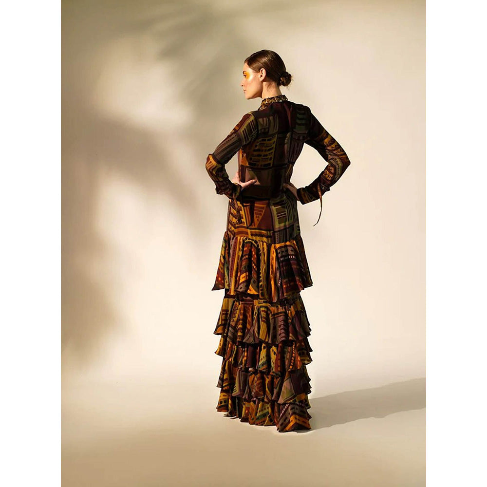 Nikita Mhaisalkar Multicolour Abstract Print Tiered Maxi with Hand Baroque in Metallic