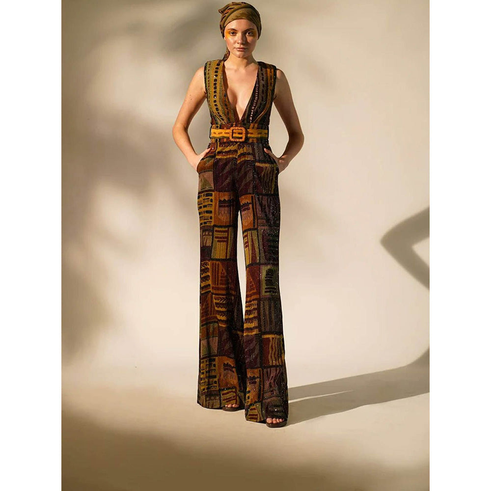 Nikita Mhaisalkar Multicolour Abstract Print Jumpsuit with Belt (Set of 2)