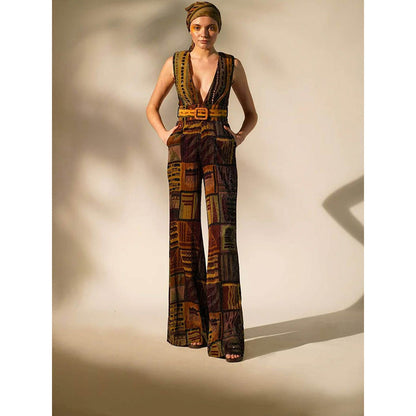 Nikita Mhaisalkar Multicolour Abstract Print Jumpsuit with Belt (Set of 2)