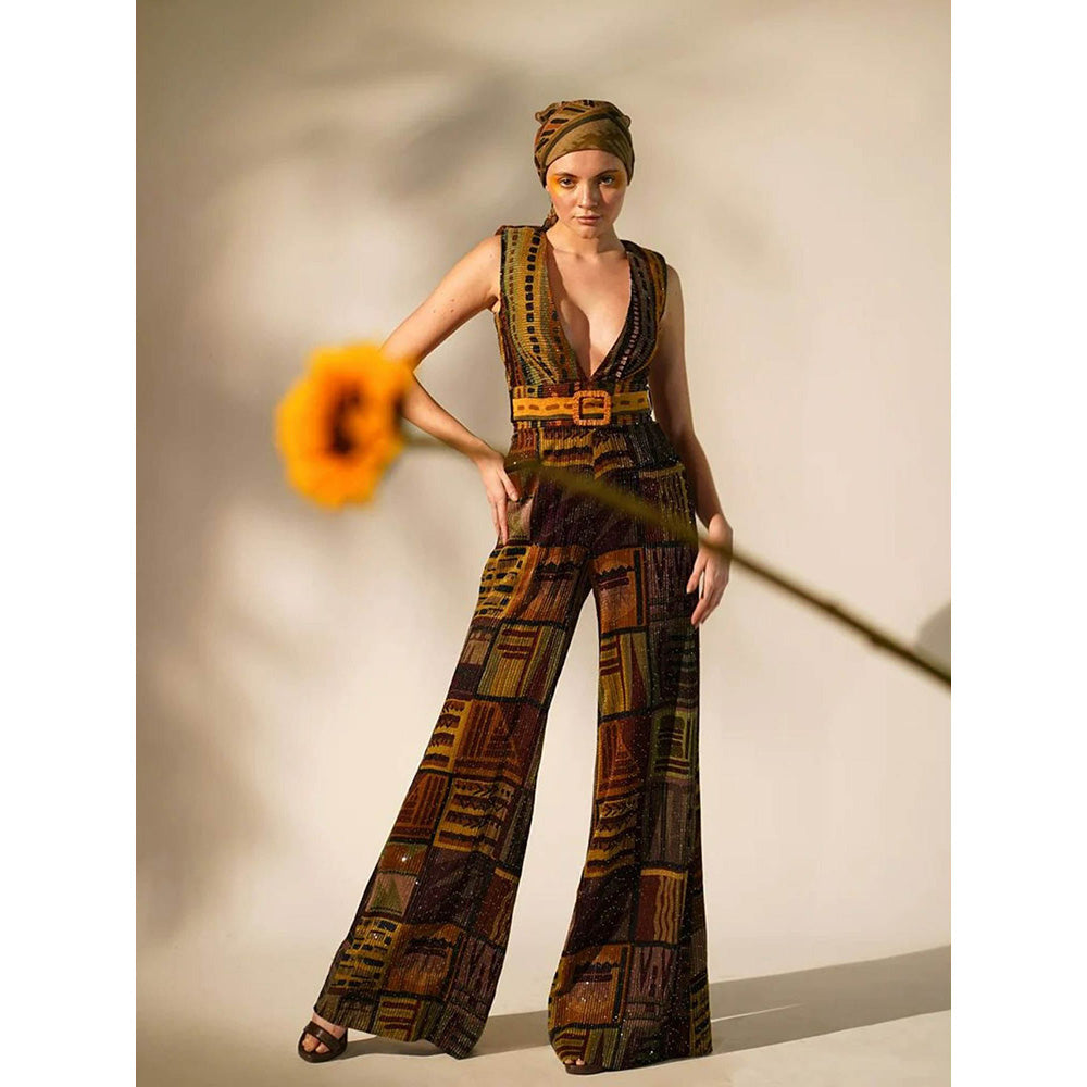 Nikita Mhaisalkar Multicolour Abstract Print Jumpsuit with Belt (Set of 2)