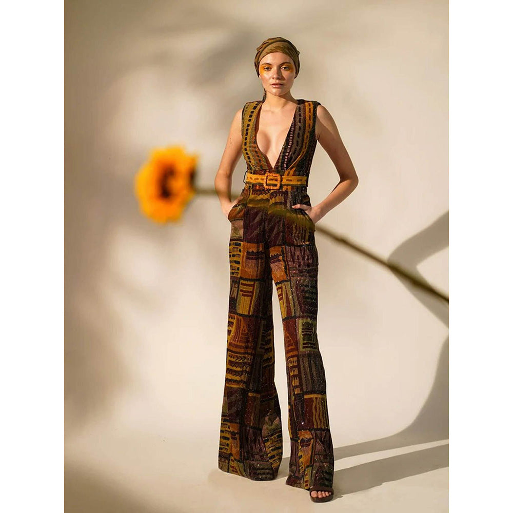 Nikita Mhaisalkar Multicolour Abstract Print Jumpsuit with Belt (Set of 2)