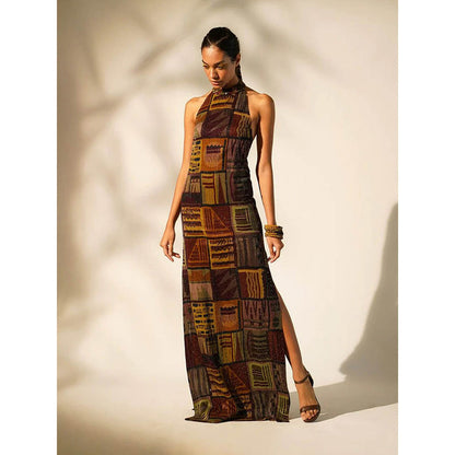 Nikita Mhaisalkar Multicolour Abstract Print Mandarin Neck Gown with Hand Baroque in Metallic