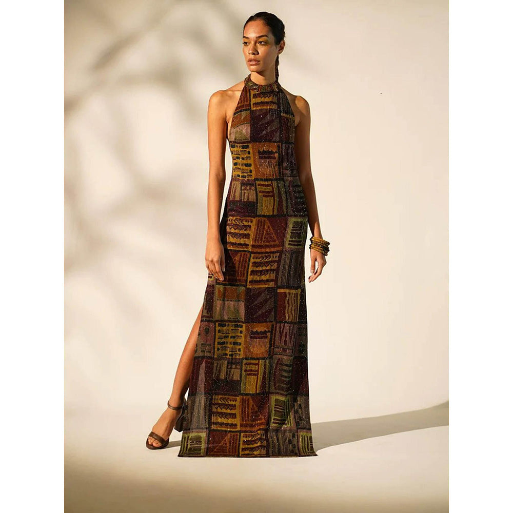 Nikita Mhaisalkar Multicolour Abstract Print Mandarin Neck Gown with Hand Baroque in Metallic