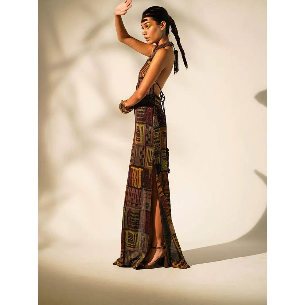 Nikita Mhaisalkar Multicolour Abstract Print Mandarin Neck Gown with Hand Baroque in Metallic