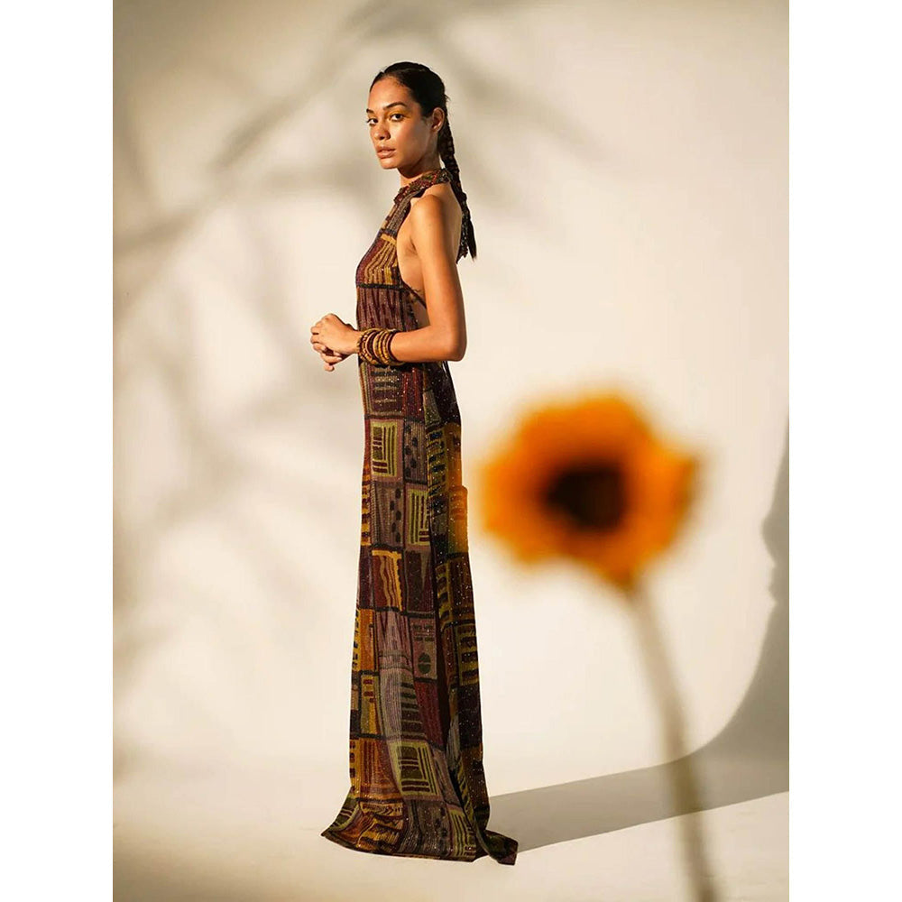 Nikita Mhaisalkar Multicolour Abstract Print Mandarin Neck Gown with Hand Baroque in Metallic