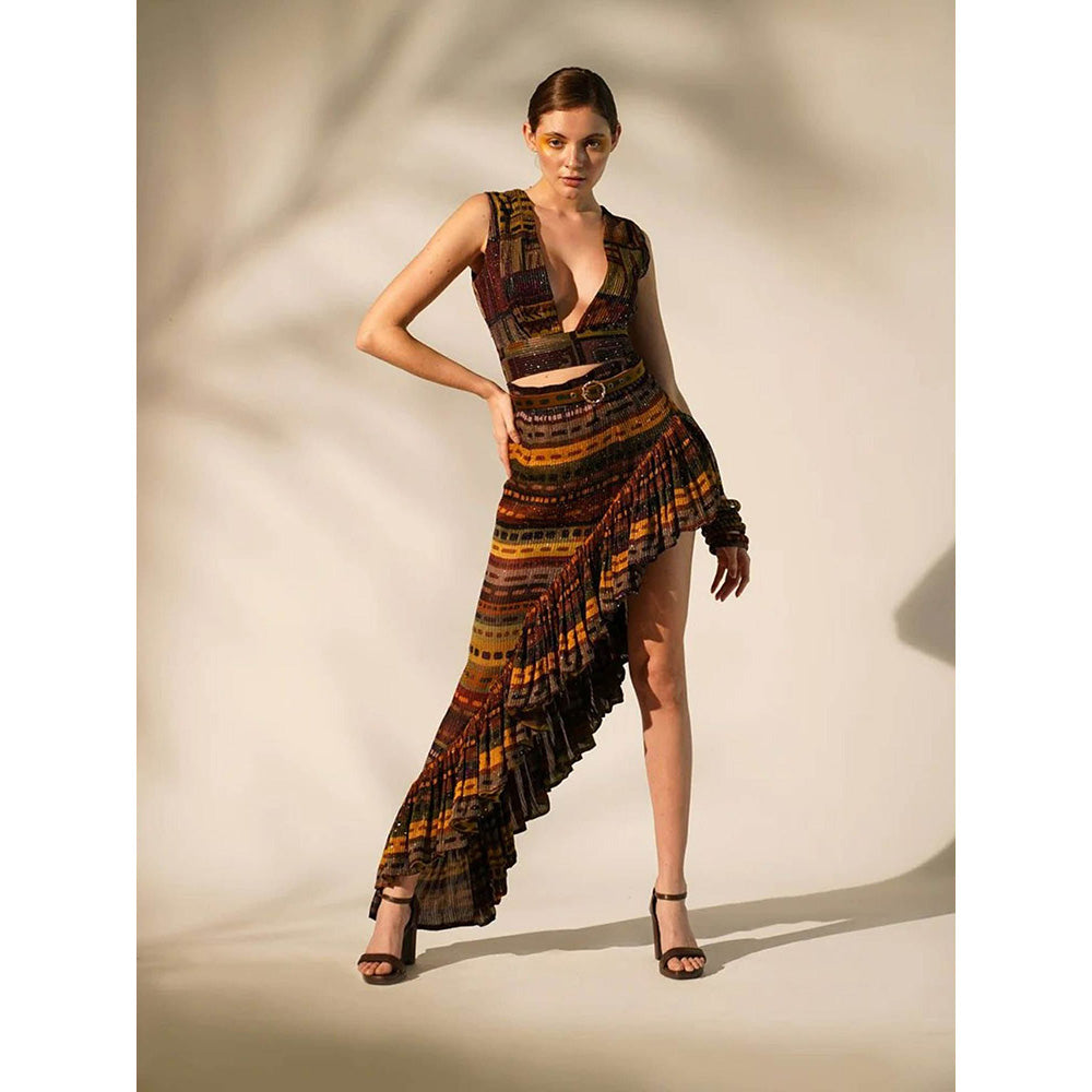 Nikita Mhaisalkar Multicolour Stripe Print Ruffle Skirt with Belt (Set of 2)