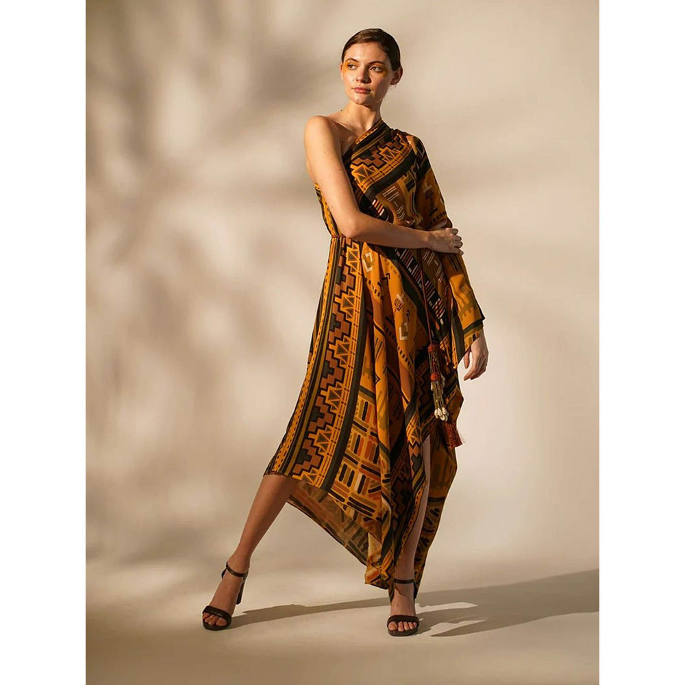 Nikita Mhaisalkar Mustard Aztec One Shoulder Dress (Set of 2)