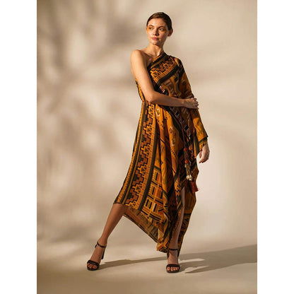 Nikita Mhaisalkar Mustard Aztec One Shoulder Dress (Set of 2)