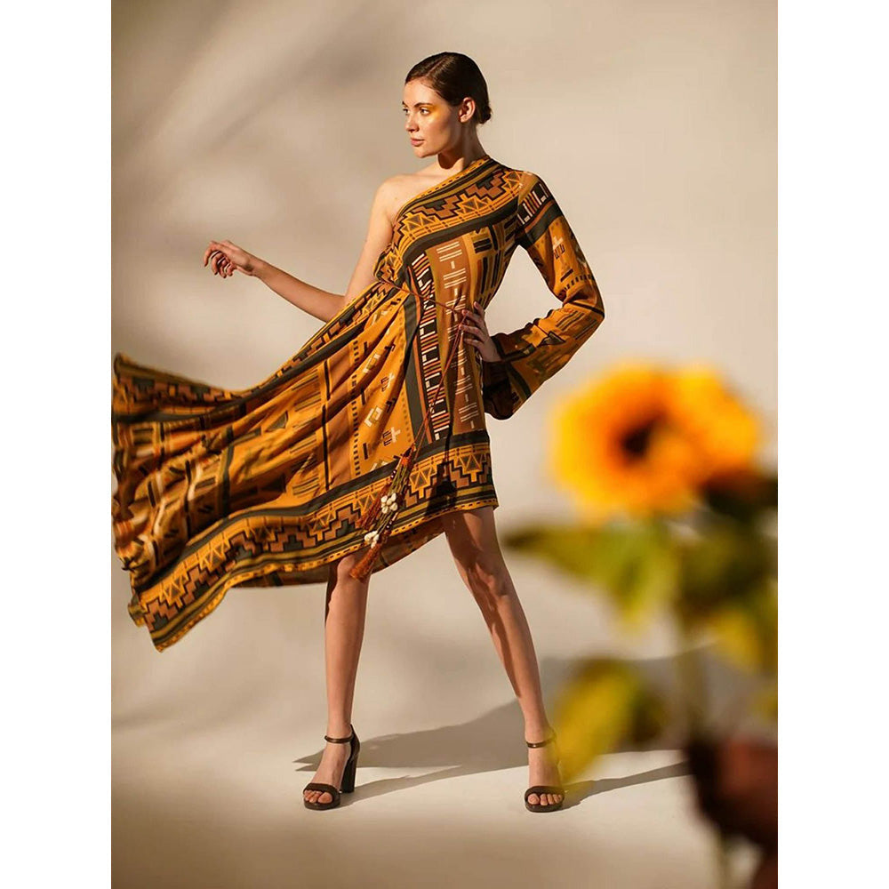 Nikita Mhaisalkar Mustard Aztec One Shoulder Dress (Set of 2)
