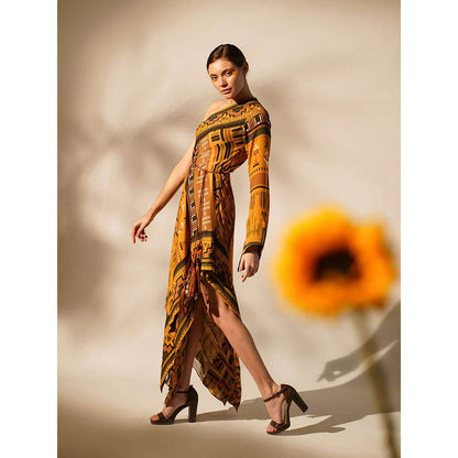 Nikita Mhaisalkar Mustard Aztec One Shoulder Dress (Set of 2)