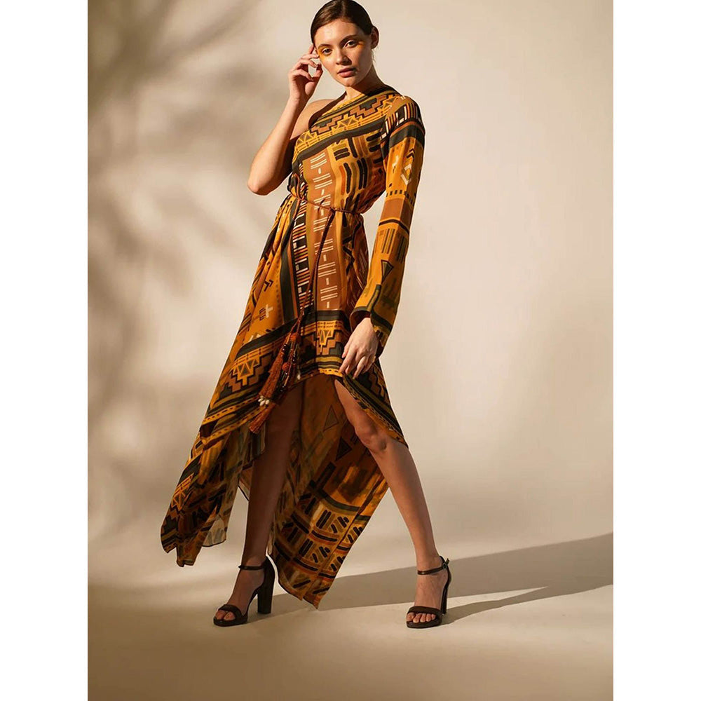 Nikita Mhaisalkar Mustard Aztec One Shoulder Dress (Set of 2)