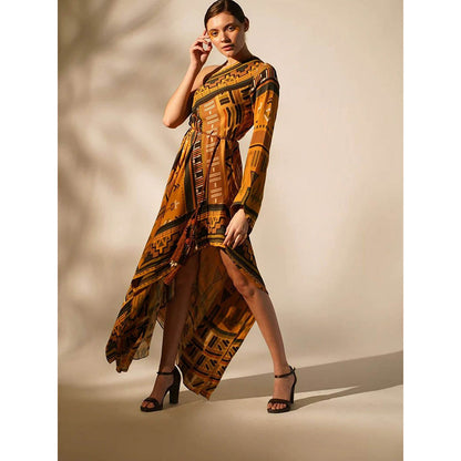 Nikita Mhaisalkar Mustard Aztec One Shoulder Dress (Set of 2)