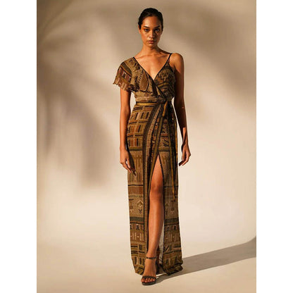 Nikita Mhaisalkar Green Aztec Print Drape Dress (Set of 2)