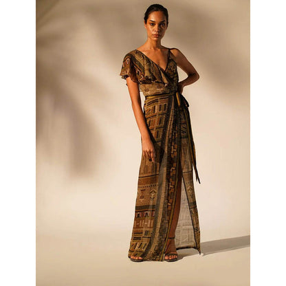 Nikita Mhaisalkar Green Aztec Print Drape Dress (Set of 2)