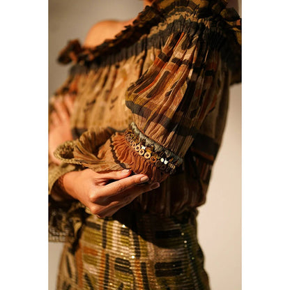 Nikita Mhaisalkar Green Aztec Print Off Shoulder Top with Hand Thread and Wooden