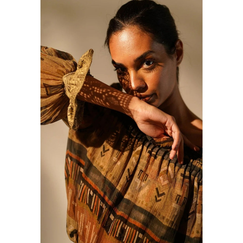 Nikita Mhaisalkar Green Aztec Print Off Shoulder Top with Hand Thread and Wooden