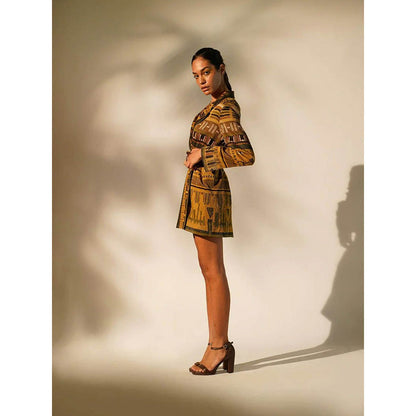Nikita Mhaisalkar Mustard Aztec Print Short Blazer Dress (Set of 2)