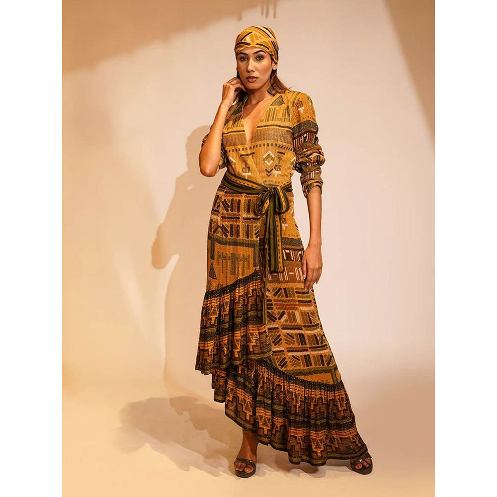 Nikita Mhaisalkar Mustard Aztec Print Maxi with Belt (Set of 2)