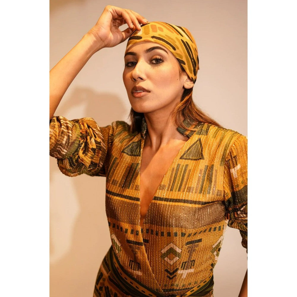 Nikita Mhaisalkar Mustard Aztec Print Maxi with Belt (Set of 2)
