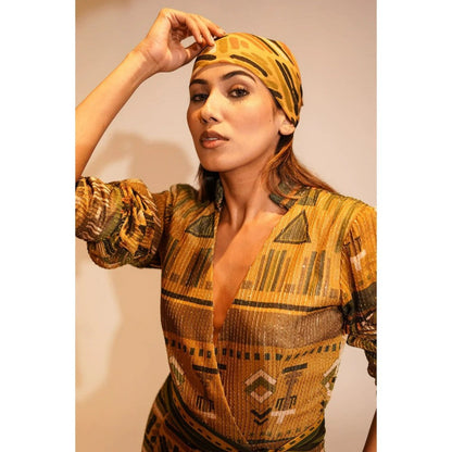 Nikita Mhaisalkar Mustard Aztec Print Maxi with Belt (Set of 2)