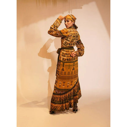 Nikita Mhaisalkar Mustard Aztec Print Maxi with Belt (Set of 2)