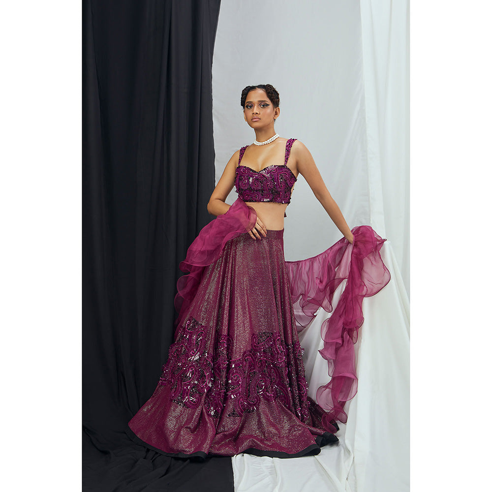 Nirmooha Hand Embroidered Lurex Stitched Blouse with Lehenga and Ruffle Dupatta (Set of 3)