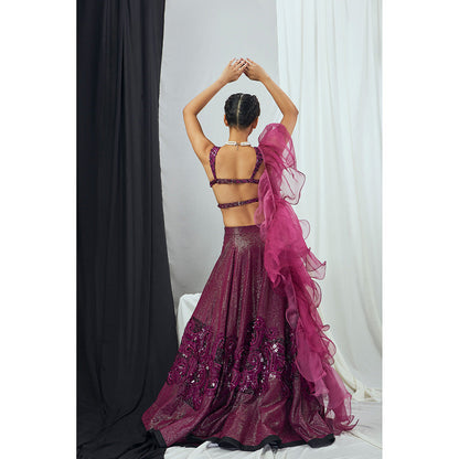 Nirmooha Hand Embroidered Lurex Stitched Blouse with Lehenga and Ruffle Dupatta (Set of 3)