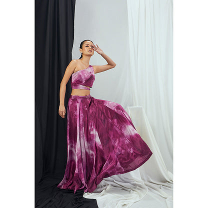 Nirmooha Printed One Shoulder Stitched Blouse with Buckle Detailing and Skirt (Set of 2)