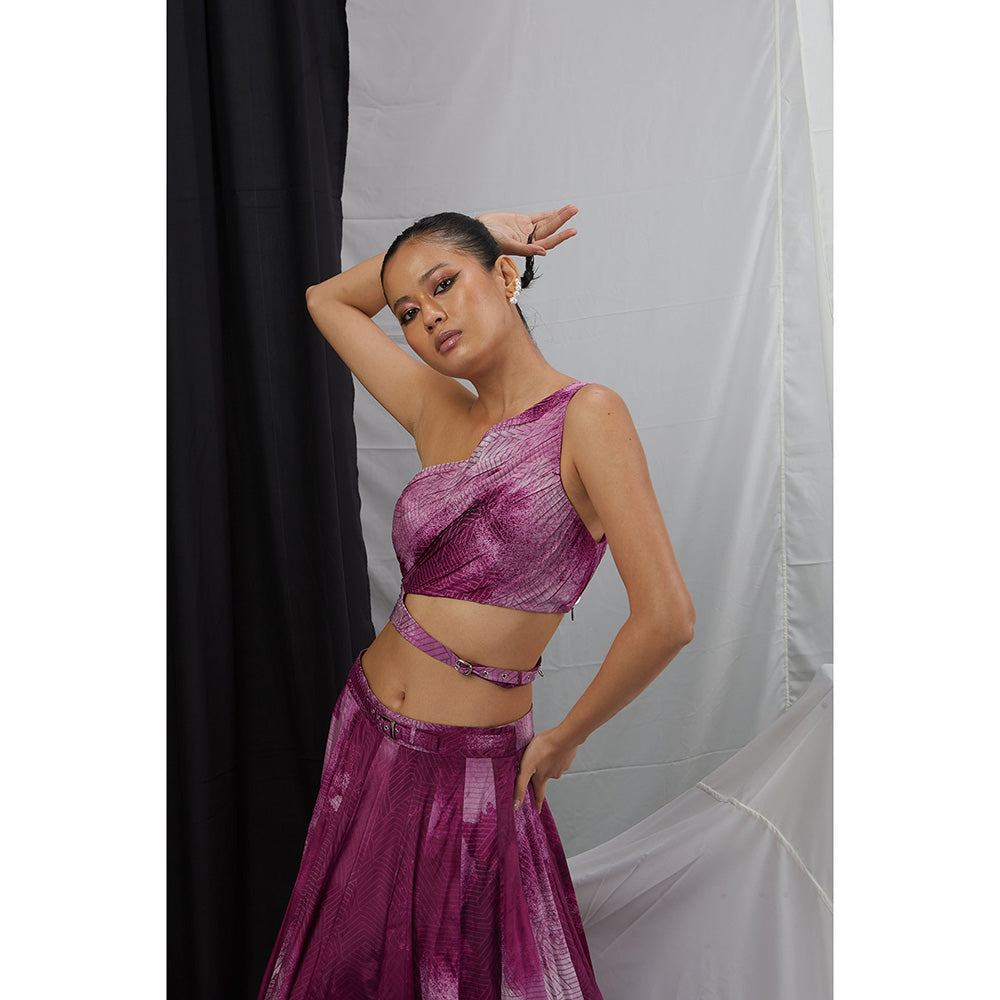 Nirmooha Printed One Shoulder Stitched Blouse with Buckle Detailing and Skirt (Set of 2)