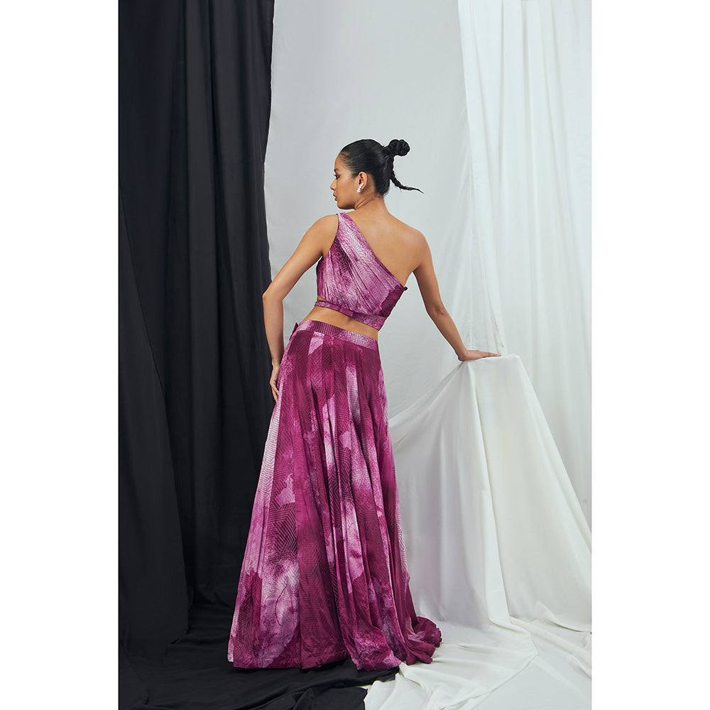 Nirmooha Printed One Shoulder Stitched Blouse with Buckle Detailing and Skirt (Set of 2)