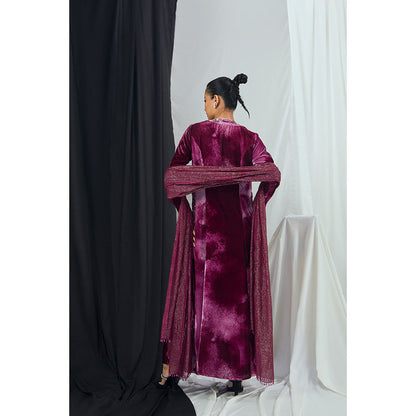 Nirmooha Ruby Blotch Printed Velvet Anarkali with Pants and Dupatta (Set of 3)