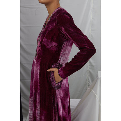 Nirmooha Ruby Blotch Printed Velvet Anarkali with Pants and Dupatta (Set of 3)