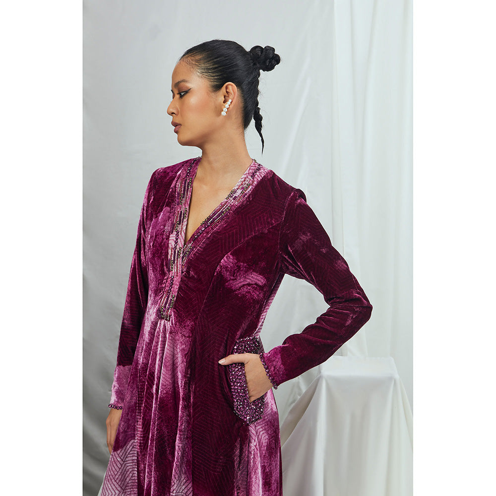 Nirmooha Ruby Blotch Printed Velvet Anarkali with Pants and Dupatta (Set of 3)