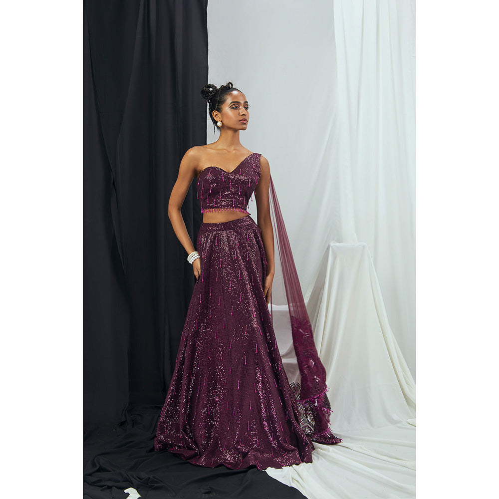 Nirmooha Embroidered Sequin Stitched Blouse with Attached Dupatta & Lehenga (Set of 2)