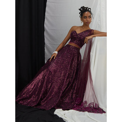 Nirmooha Embroidered Sequin Stitched Blouse with Attached Dupatta & Lehenga (Set of 2)