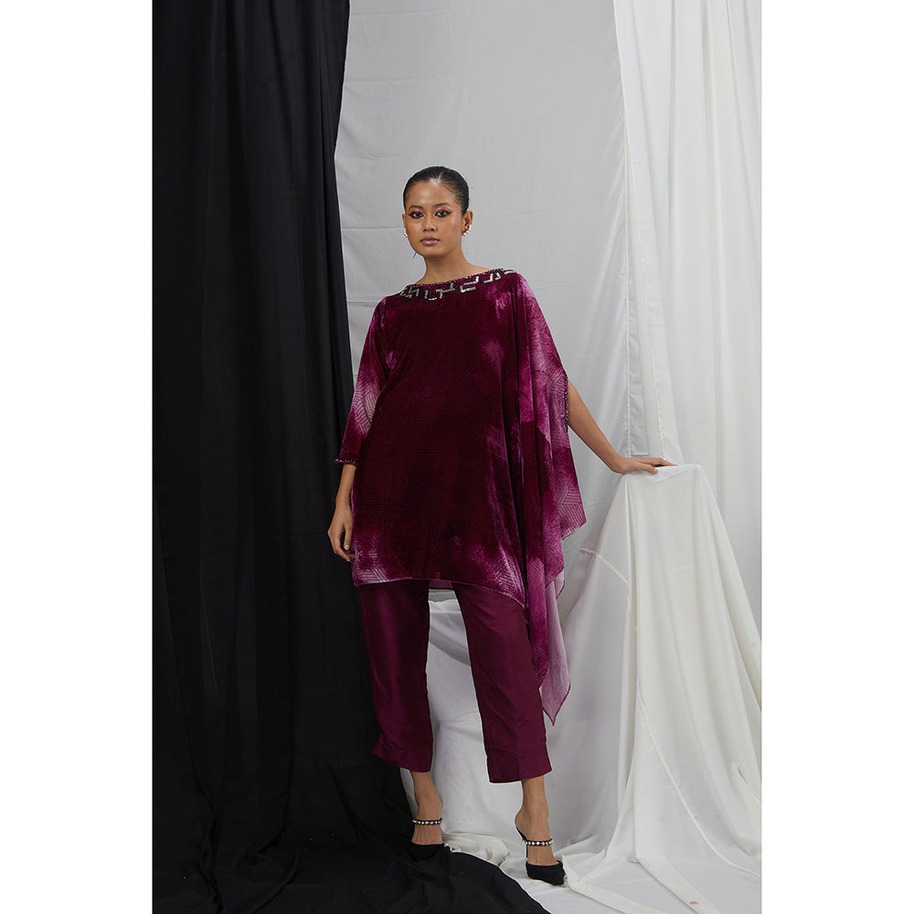 Nirmooha Ruby Blotch Printed One Shoulder Velvet Kaftan Tunic with Pants (Set of 2)