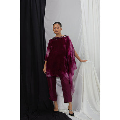 Nirmooha Ruby Blotch Printed One Shoulder Velvet Kaftan Tunic with Pants (Set of 2)