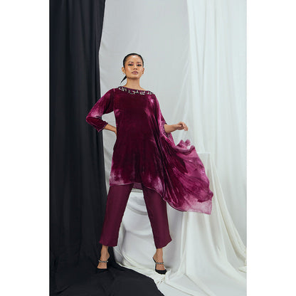 Nirmooha Ruby Blotch Printed One Shoulder Velvet Kaftan Tunic with Pants (Set of 2)