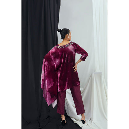 Nirmooha Ruby Blotch Printed One Shoulder Velvet Kaftan Tunic with Pants (Set of 2)