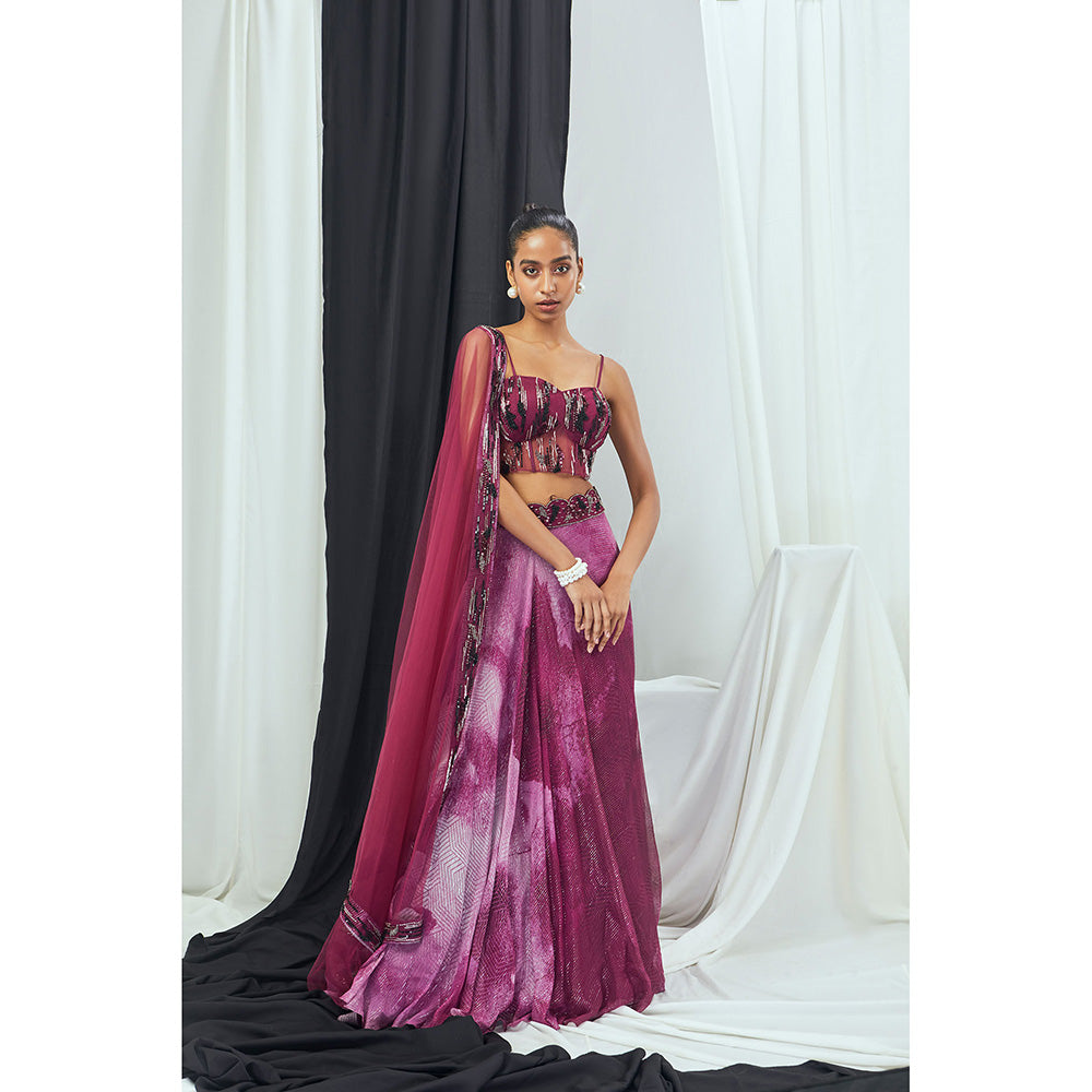 Nirmooha Ruby Hand Embroidered Corset Bralette with Lehenga and Dupatta (Set of 3)