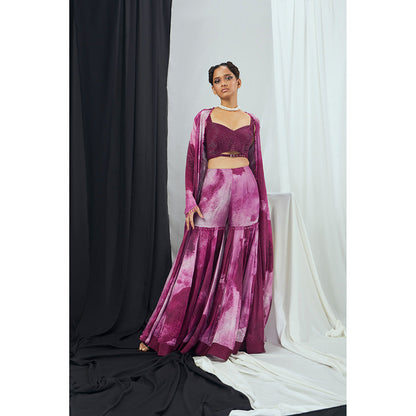 Nirmooha Ruby Hand Embroidered Bralette with Sharara and Printed Cape (Set of 3)