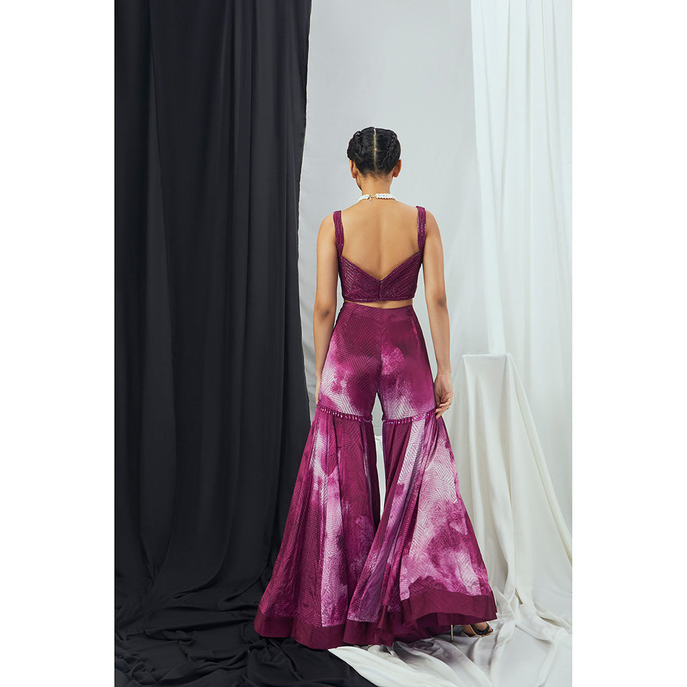 Nirmooha Ruby Hand Embroidered Bralette with Sharara and Printed Cape (Set of 3)