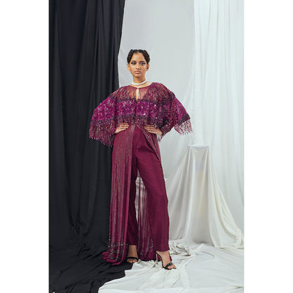 Nirmooha Ruby Hand Embroidered Lurex Front Slit Anarkali with Pants and Cape (Set of 3)